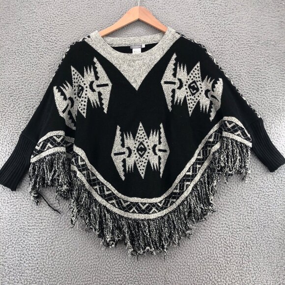 Earthbound Sweater Womens Medium Gray Poncho Dolman Sleeve Fringe Knit Stretch - Picture 1 of 8